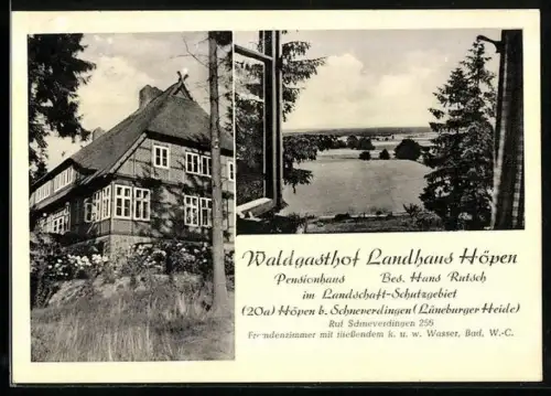 AK Höpen b. Schneverdingen, Waldgasthof Landhaus Höpen, Ausblick vom Fenster aus