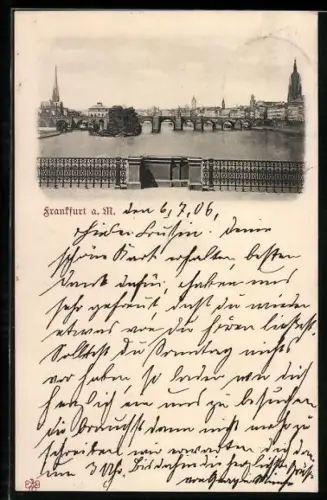 AK Frankfurt a. M., Uferpartie mit Kirche und Brücke