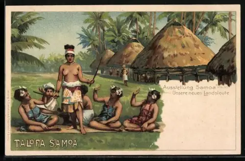 Lithographie Samoa, Hüttendorf mit einheimischen Frauen