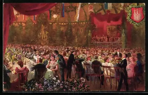 AK Hamburg, 16. Deutsches Bundesschiessen 1909, Festsaal während des Essens