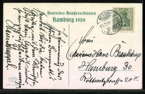 AK Hamburg, 16. Deutsches Bundesschiessen 1909, Festsaal während des Essens