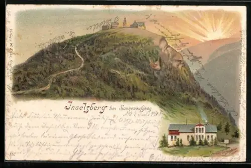 Lithographie Brotterode, Inselsberg bei Sonnenaufgang, Berggesichter