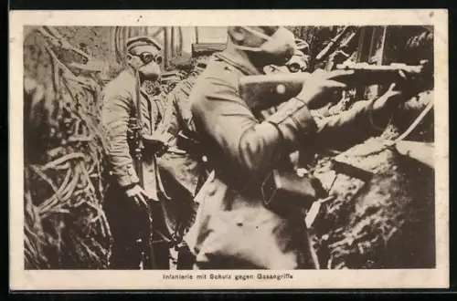 AK Infanterie mit Schutz gegen Gasangriffe, 1. Weltkrieg, Schützengraben, Gasmaske