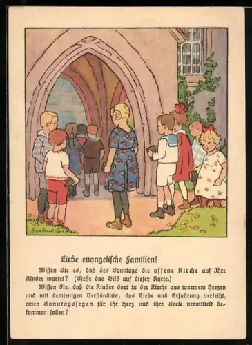 Künstler-AK Gertrud Caspari: Lobe den Herren..., Kinder beim Kirchgang