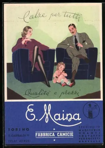 AK Reklame für E. Maina, Familie in Art Deco-Möbeln