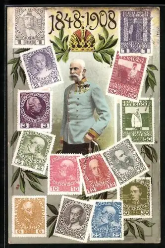 AK Kaiser Franz Josef I. von Österreich 1848-1908 umringt von versch. Briefmarken