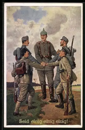 AK Türkischer Soldat mit anderen Soldaten, Seid einig, Propaganda