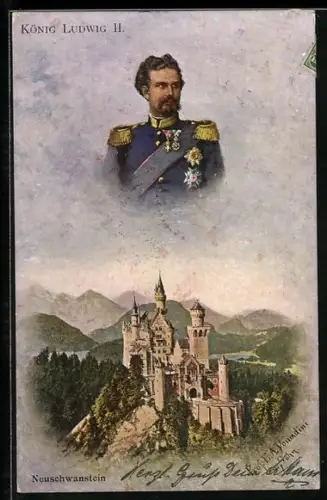 Künstler-AK Portrait von König Ludwig II. von Bayern, Neuschwanstein