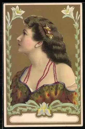 Künstler-AK Dame im Profil gerahmt von weissen Lilie, Jugendstil