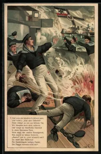 Künstler-AK Willy Stoewer: Und wenn ein feindlich Schiff sich naht..., Kriegsschiff im Gefecht