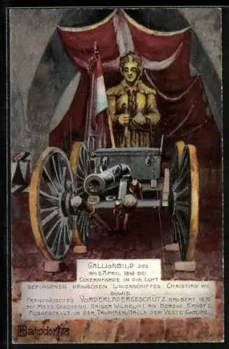 Künstler-AK H. Bahndorf: Coburg, Gallionbild des dänischen Kriegsschiffes Christian VIII. u. franz. Vorderladergeschütz