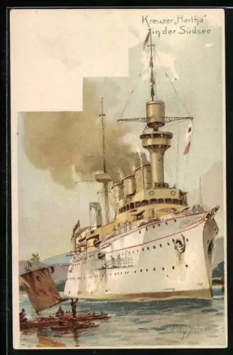 Künstler-Lithographie Willy Stoewer: Kreuzer Hertha in der Südsee, Ostasiengeschwader