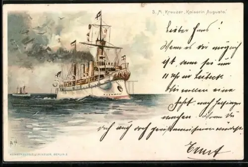 Künstler-Lithographie A. Heide: S. M. Kreuzer Kaiserin Augusta, Kriegsschiff
