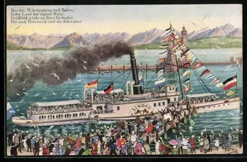 Künstler-AK Arthur Thiele: Lindau, Salondampfer Lindau in Flaggengala auf dem Bodensee