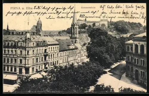 AK Pirna a. Elbe, Stadteil Sonnenstein aus erhöhter Perspektive