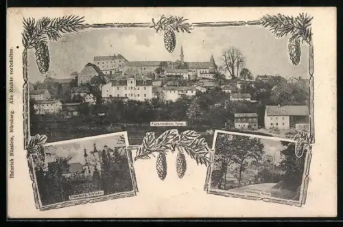 AK Fürstenstein / Niederbayern, Totalansicht, Schloss Engelburg, Schloss Saldenbur, Passepartout mit Eicheln