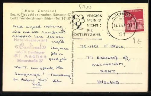 AK Aachen, Interieur Hotel Cardinal in der Römerstrasse 27, Bes. A. Teuschler