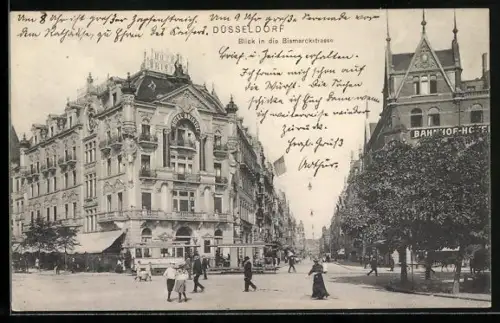 AK Düsseldorf, Strassenpartie der Bismarckstrasse mit Bahnhof-Hotel und Hotel Bristol