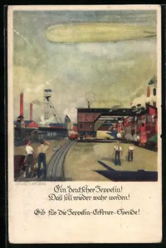 Künstler-AK Zeppelin-Eckener-Spende, Leute sehen einen fliegenen Zeppelin