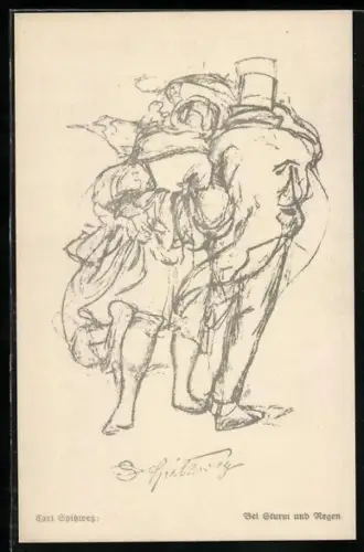 Künstler-AK Carl Spitzweg: Bei Sturm und Regen