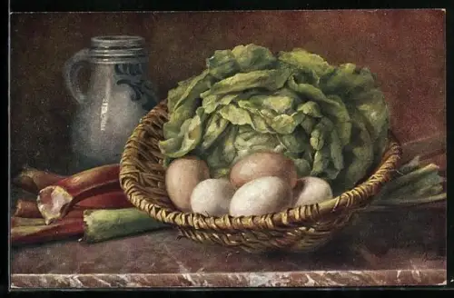 Künstler-AK M. Billing: Stillleben mit Eiern und Salat