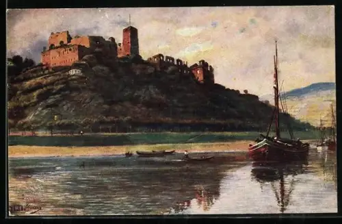 Künstler-AK H. Hoffmann: Partie an der Ruine Rheinfels, Schiffe