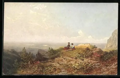 Künstler-AK Carl Spitzweg: Zwei Frauen auf der Alm