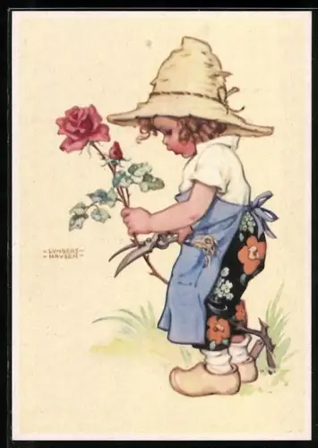 Künstler-AK Lungershausen: Ein kleines Mädchen in Holzschuhen schneidet eine Rose vom zweig