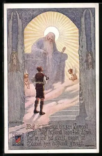 Künstler-AK Ernst Kutzer: Mann steht im Himmelstor vor Gott