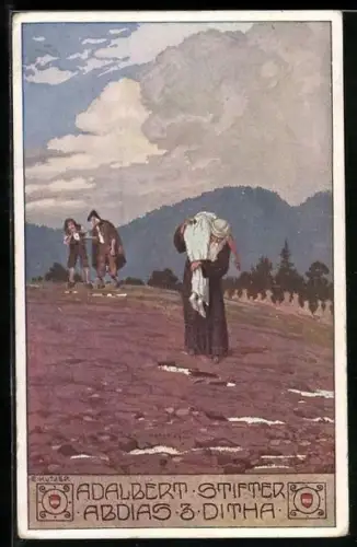 Künstler-AK Ernst Kutzer: Adalbert Stifter, Abdias & Ditha, alter Mann trägt junge Frau über ein kahles Feld