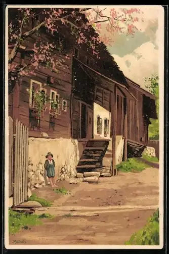 Künstler-AK Alfred Mailick: Junge vor dem Haus, Pfingstgruss