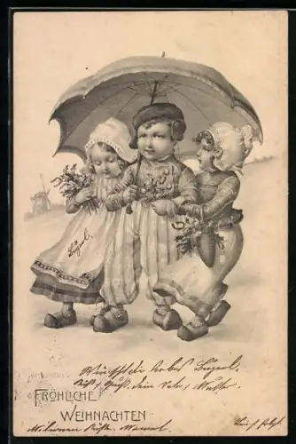 Künstler-AK R. Kratky: Kinder in Trachten mit Stechpalmenzweigen, Neujahresgruss