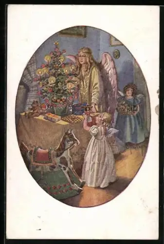 Künstler-AK H. Schubert: Weihnachtsengel und Weihnachtsbaum