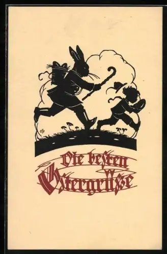 Künstler-AK Oskar Petersen: Osterhase läuft einem Knaben nach