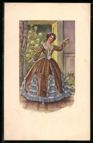 Künstler-AK H. Schubert: Dame läutet die Glocke zur Bescherung