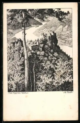 Künstler-AK Ulf Seidl: Aggstein, Blick auf die Ruine