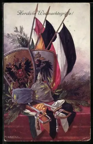Künstler-AK R. Kratky: Zweibund, Helme und Fahnen