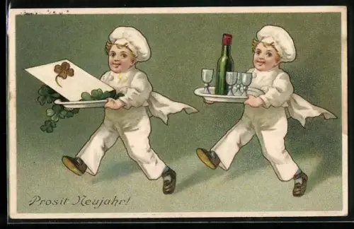 AK Knaben als Köche bringen Glücksklee und Wein