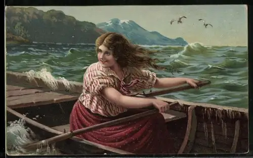 Künstler-AK Junge Dame in einem Ruderboot