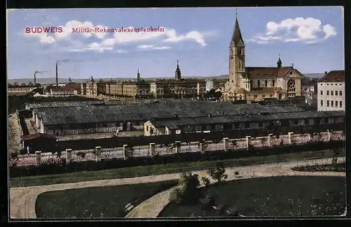 AK Budweis, Militär-Rekonvaleszentenheim mit Anlage und Stadtpanorama aus der Vogelschau