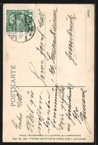 AK Brixen, Adlerbrückengasse mit Kirchturm, Skulpturen u. Arkadengang