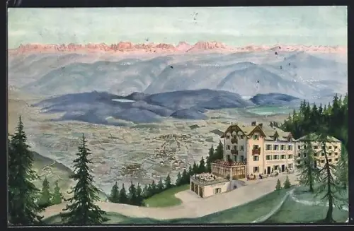 Künstler-AK Caldaro, Mendola, Hotel Caldaro und Ort aus der Vogelschau