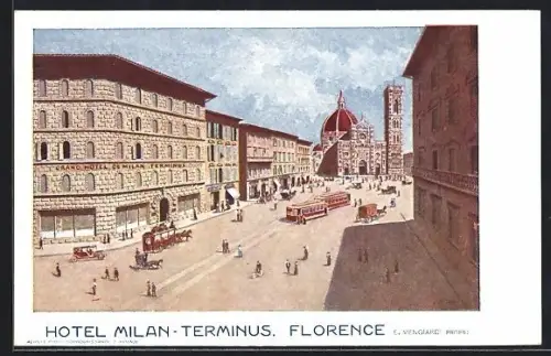 Künstler-AK Florenz, Grand Hotel de Milan Terminus mit Kirche und Turmgebäude