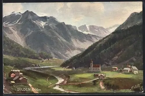 AK Sulden, Ortsansicht mit Flusspartie aus der Vogelschau