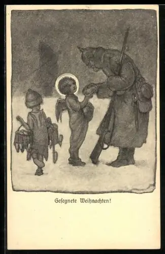 Künstler-AK Düsseldorf, Vaterländischer Hilfstag, Soldat mit Engelchen