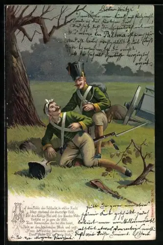 AK Reichseinigungskriege, Soldat steht einem verwundeten Kameraden auf dem Feld bei