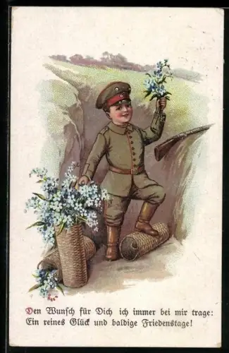 Künstler-AK Kleiner Soldat im Schützengraben, Ein reines Glück und baldige Feiertage...