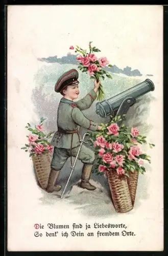 AK Kleiner Soldat mit rosanen Rosen im Schützengraben