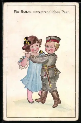 AK Ein flottes, unzertrennliches Paar, kleiner Feldgrauer tanzt mit Österreicherin