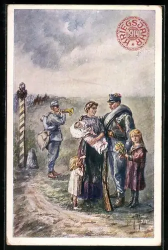 Künstler-AK sign. Isa Jechl: österreichischer Soldat mit Frau und Kindern am Rande des Feldes, Soldat spielt Trompete